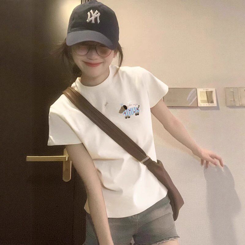 白色纯棉美式正肩短袖t恤女夏季百搭修身显瘦短款设计感小众上衣