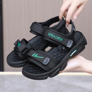 魔术贴厚底轻便平底防滑休闲沙滩鞋 新款 女黑色2024年夏季 运动凉鞋