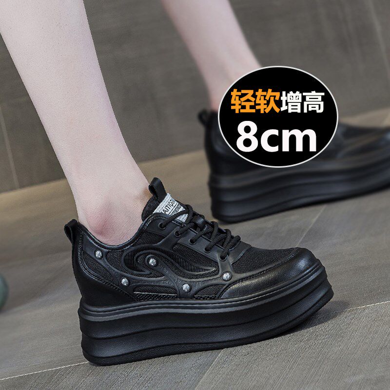 黑色内增高女鞋8cm2025新款厚底小白鞋女春款运动休闲鞋百搭单鞋