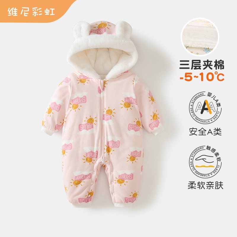 婴儿衣服秋冬新款女宝宝棉服加厚外出哈衣冬装连体衣可爱保暖棉衣