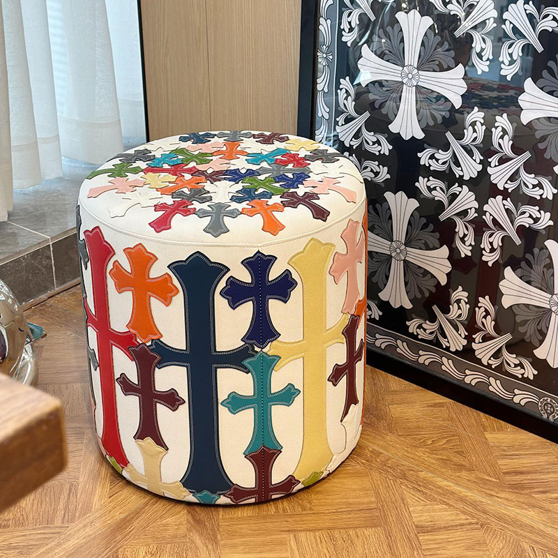 重工手作 撞色荔枝纹皮革 十字架拼贴 圆形茶几沙发凳墩子 试鞋凳