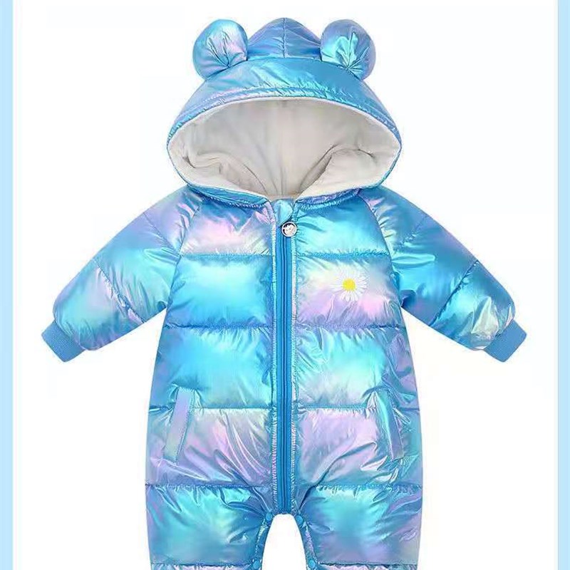 新生炫彩免洗面料爆款连体衣秋冬季婴幼儿加绒爬爬服羽绒棉哈衣潮