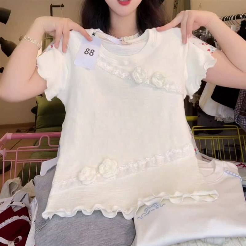 别致不规则蕾丝立体花朵t恤女甜美温柔风荷叶边短袖显瘦短款上衣