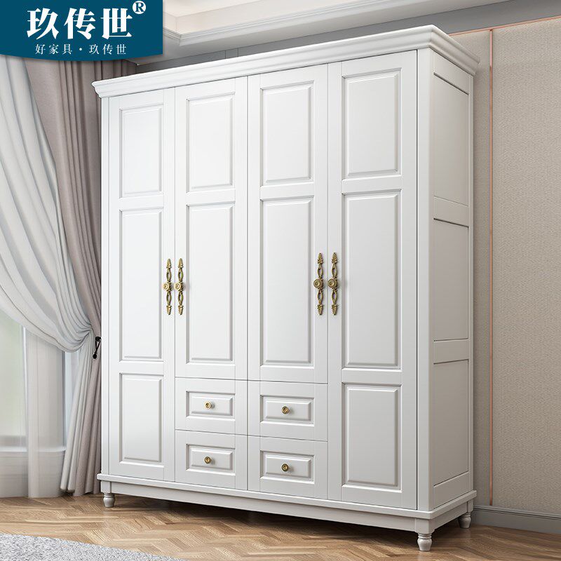 2023新款美式衣柜实木家用卧室3门4门白色对开门大衣橱衣柜储物柜