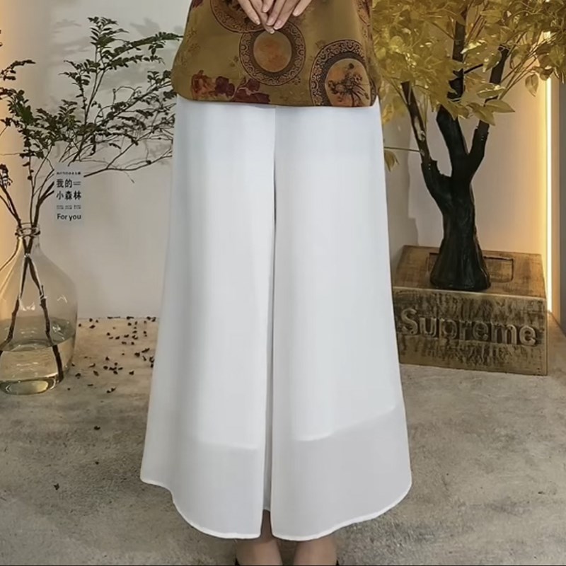 休闲裤夏季新款乔其纱薄款宽松阔腿裤亮片松紧腰百搭九分白色裤裙