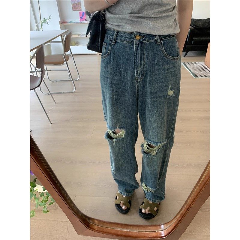 大码女装胖妹妹mm水洗破洞牛仔直筒夏季宽松显瘦窄版阔腿裤200斤