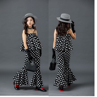 女童走秀复古港风波点喇叭裤吊带套装2023夏季新款喇叭裤潮服