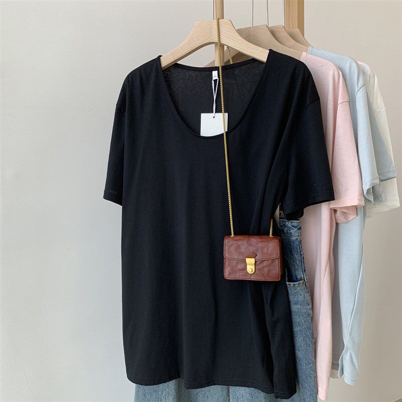 U领短袖T恤女2024夏季新款显瘦大领口宽松百搭体恤低领中长款上衣