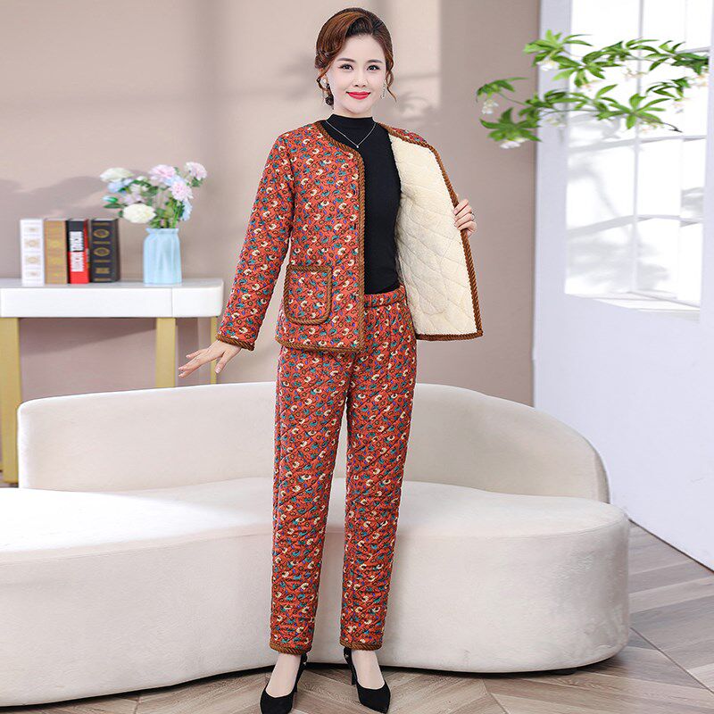 妈妈秋冬棉衣棉裤套装中老年女碎花棉服加绒保暖两件套中年女棉袄