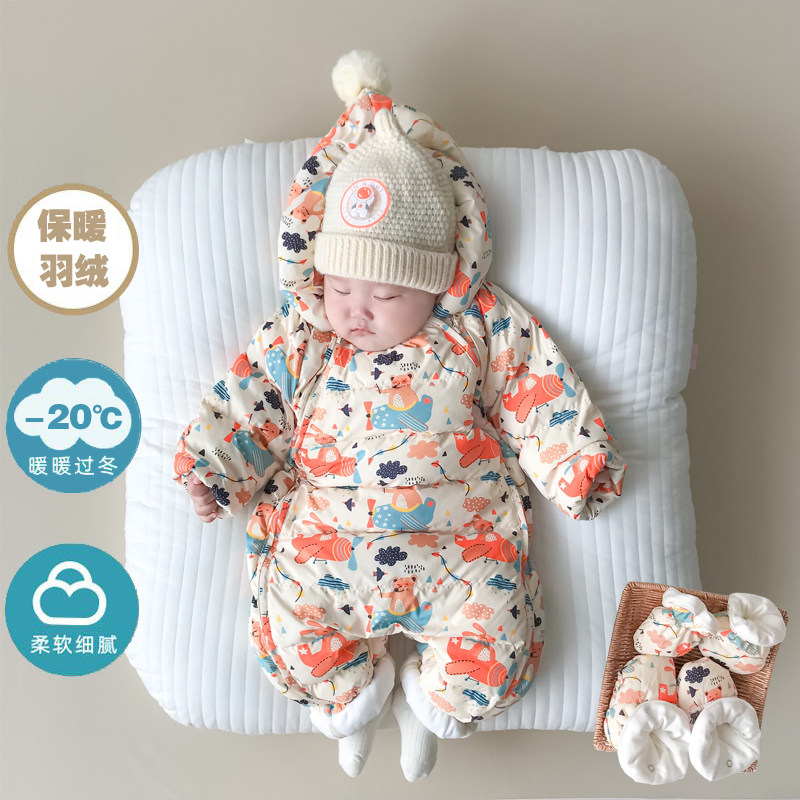 新生婴儿一体羽绒服冬季连体衣外出加厚宝宝2023新款洋气超萌春装