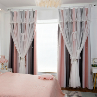 2023年窗帘高级感自带帘头女生卧室流行儿童房网红遮光双层带纱