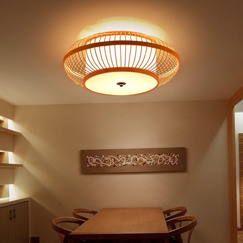 灯饰中式复古圆形吸顶灯客厅卧室书房民宿客栈竹编餐厅吸顶灯