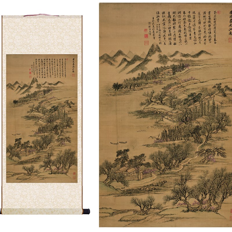 清代王翬仿古四季山水图仿巨然卷轴山水画名画书房客厅挂画玄关画