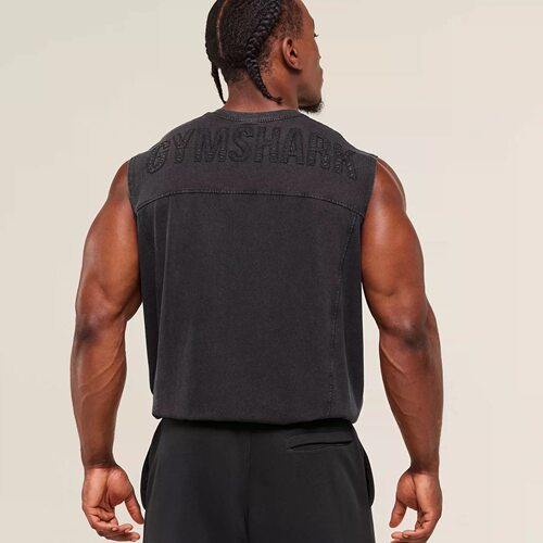 GYMSHARK POWER鲨鱼坎肩男健身刺绣水洗做旧重磅高弹棉质无袖背心