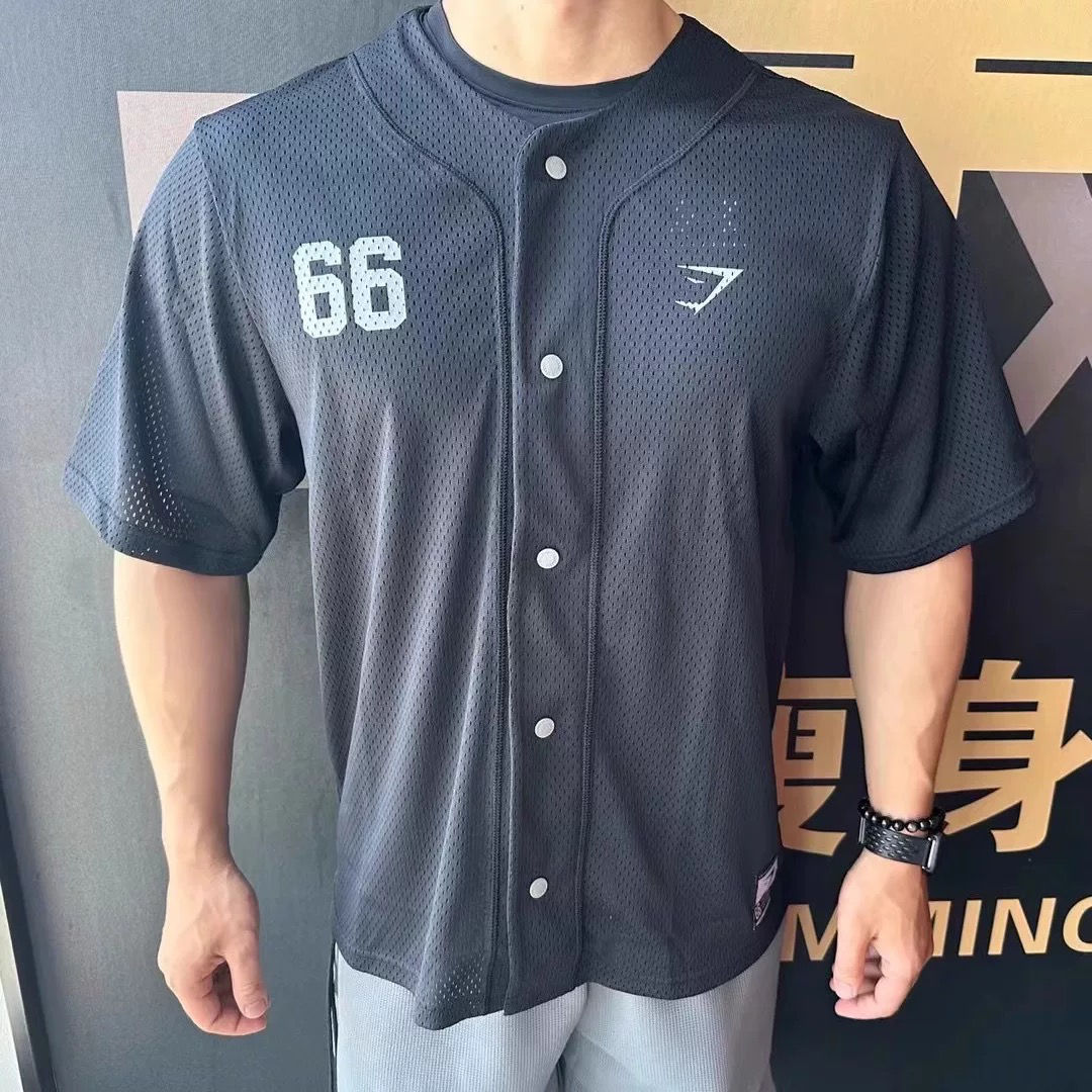 GYMSHARK BASEBALL健身开衫网眼66号棒球领短袖男女美式透气半袖