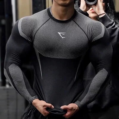 GYMSHARK ONYX5.0鲨鱼无缝男士速干上衣紧身衣运动健身弹力长袖