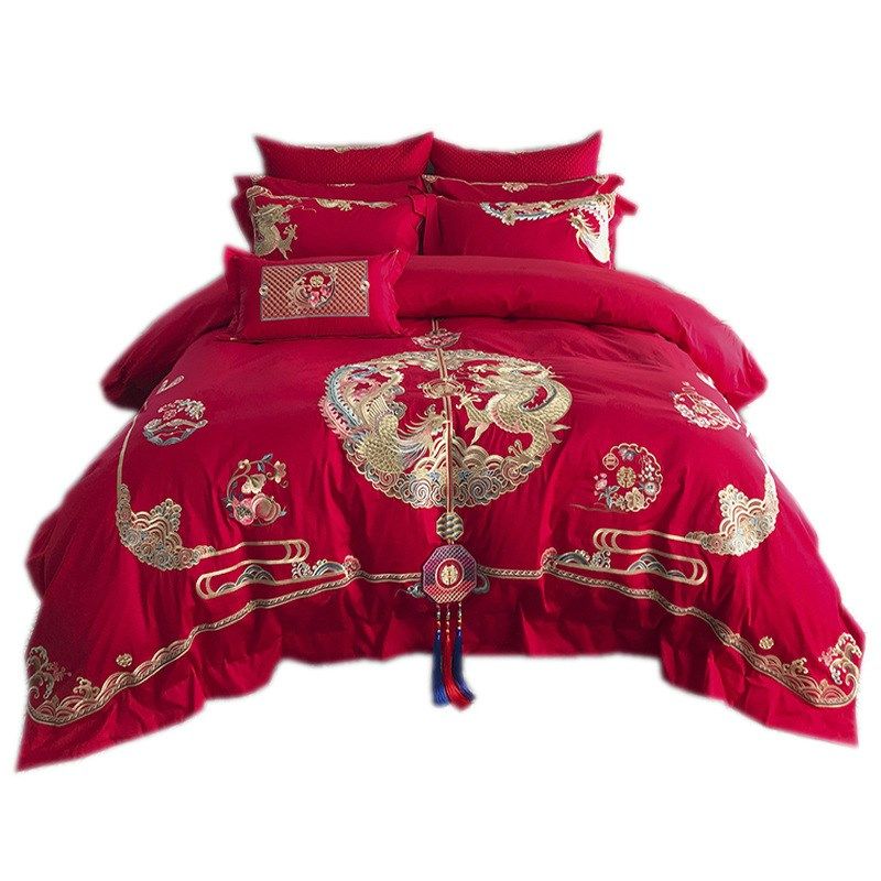 九喜狐家纺婚庆套件床上用品四件套红色喜被龙凤刺绣备婚恭贺新禧