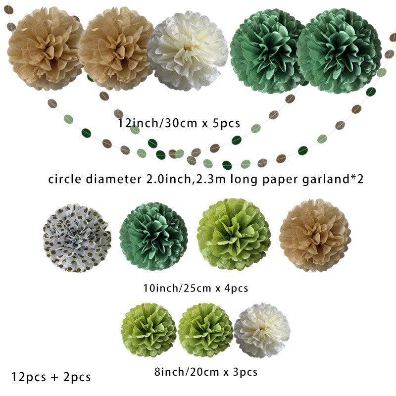 墨绿色纸花球套装牛油果色系浅绿色拉花纸花圆片串纸拉条跨镜产品