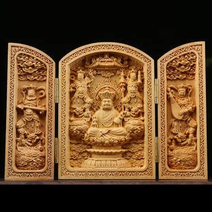 黄杨木雕扁三开盒随身佛龛摆件众佛自在观音菩萨佛像家居客厅供奉