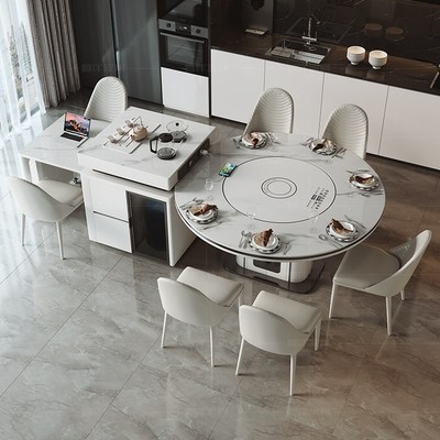 2025新款岩板岛台餐桌椅子组合一体小户型家用可伸缩折叠带电磁炉