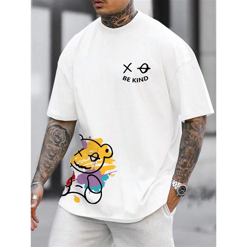 Men's  pure cotton summer loose size BE KINPD letter cartoon