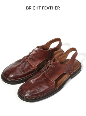 水洗马皮罗马凉鞋男意大利纯手工包头凉拖鞋真皮复古做旧休闲皮鞋