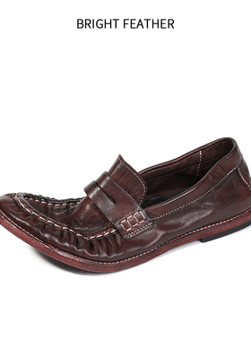 马皮男鞋一脚蹬休闲皮鞋复古做旧手工缝线豆豆鞋软皮软底夏季透气