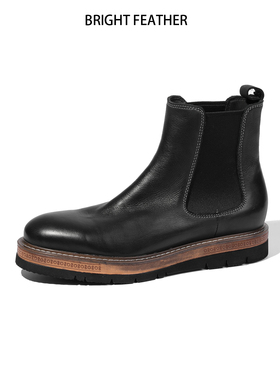 英伦风真皮切尔西靴男黑色厚底短靴复古马皮皮鞋高帮一脚蹬软皮靴