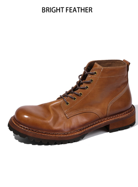 美式大头工装靴水洗马皮固特异真皮底马丁靴男复古短靴高帮德比鞋