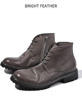 日系马皮马丁靴男士真皮高帮手工靴子休闲皮鞋复古做旧短靴侧拉链