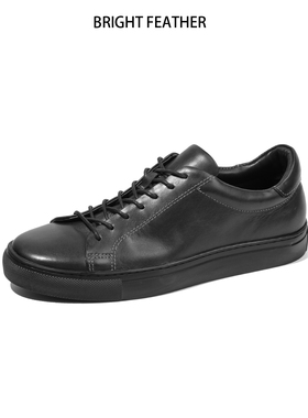 马皮休闲皮鞋男款黑色简约运动风真皮板鞋男士小白鞋平底手工缝制