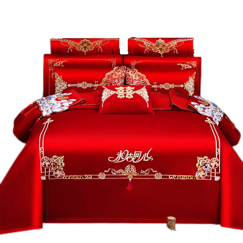 结婚四件套全f棉刺绣龙凤婚庆大红喜庆被套婚房嫁床上用品六十件,床上用品,婚庆床品套件,淘宝优惠券,粉丝福利购,淘宝优惠卷
