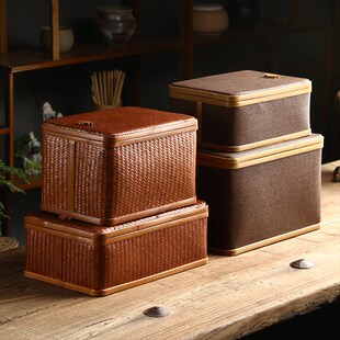 大漆竹编藤编方形收纳篮家用带盖防尘筐竹盒Q食盒隔层茶具收纳盒