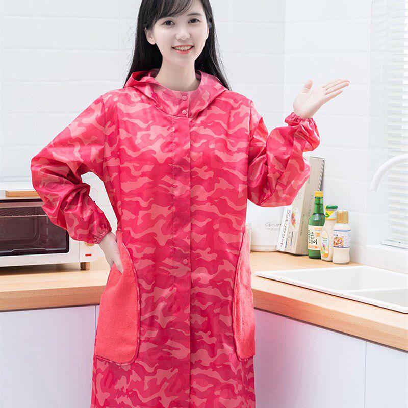 围裙成人可擦手i拉链罩衣男女时尚家用防水做饭长袖带帽防油工作