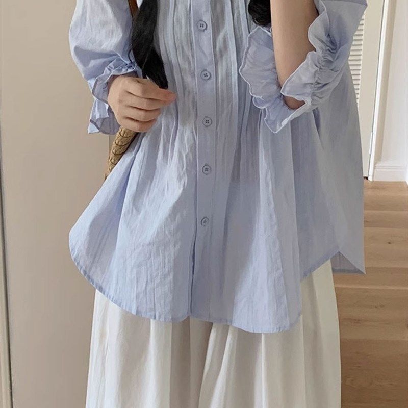 孕妇装2025夏季新q泡芙袖蓝色衬衫设计顶部白色腹部支撑裙