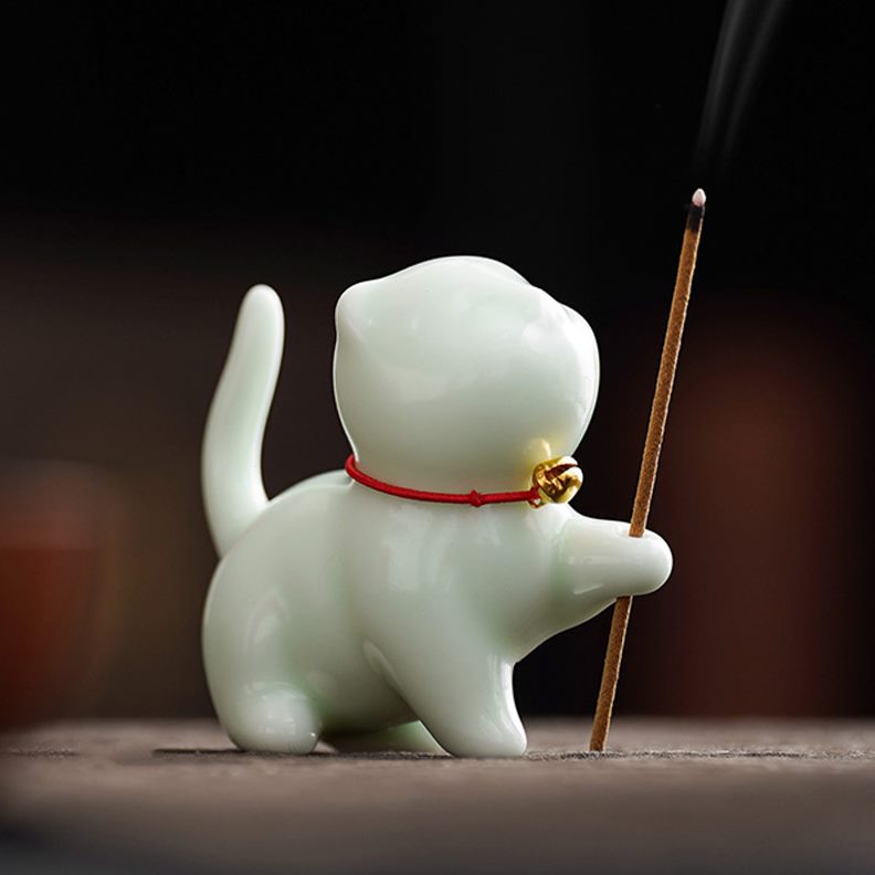 小猫咪家用陶瓷可爱茶宠香薰炉软萌治愈笔架室内线香插檀香道摆件