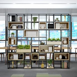 铁艺隔断置物架办公室隔断墙屏风工业风书架储物柜实木展示架 美式
