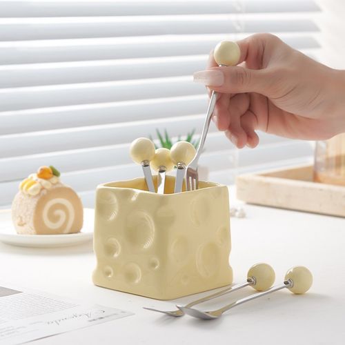 水果叉不锈钢叉勺套装收纳罐陶瓷感轻奢家用蛋糕水果签果插云