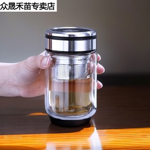 玻璃杯层带盖矮胖商务便携水杯颜值隔热玻璃茶杯印字