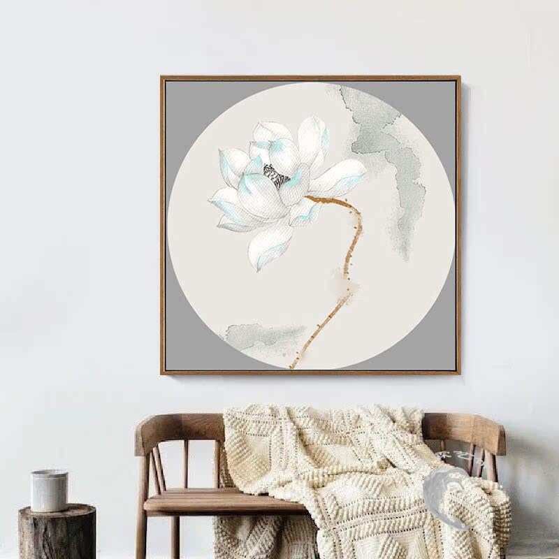 新中式荷花卉客厅卧室书房玄关餐厅装饰画酒店样板间挂画油画喷绘图片