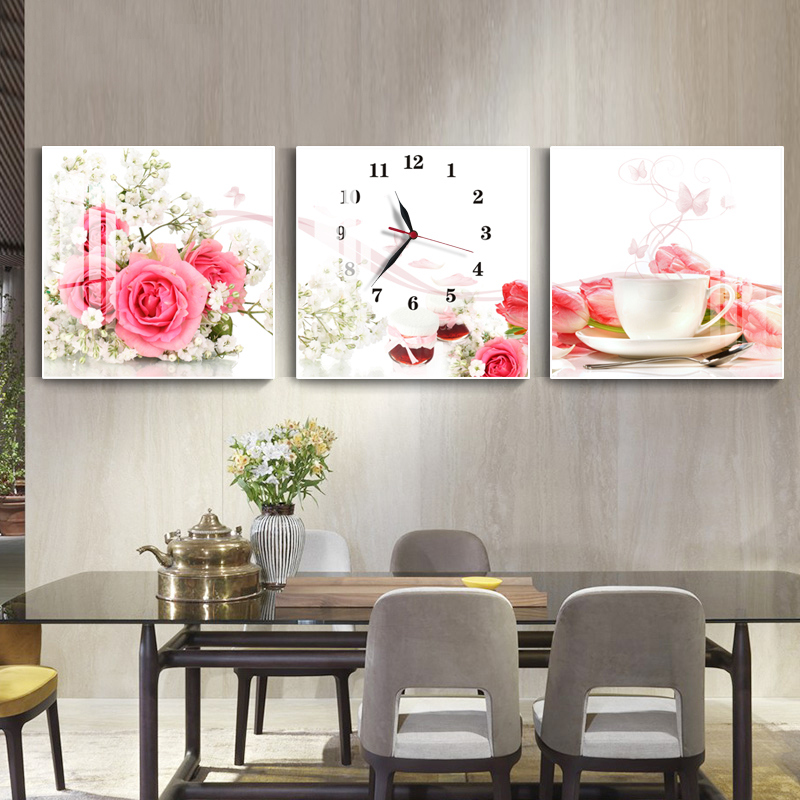 现代客厅餐厅水果装饰画厨房免打孔酒杯创意三联画新中式壁画钟表