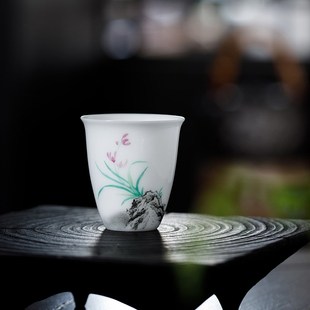 手绘冰种羊脂玉茶杯陶瓷主人单杯品茗杯茶盏白瓷功夫茶具薄胎家用