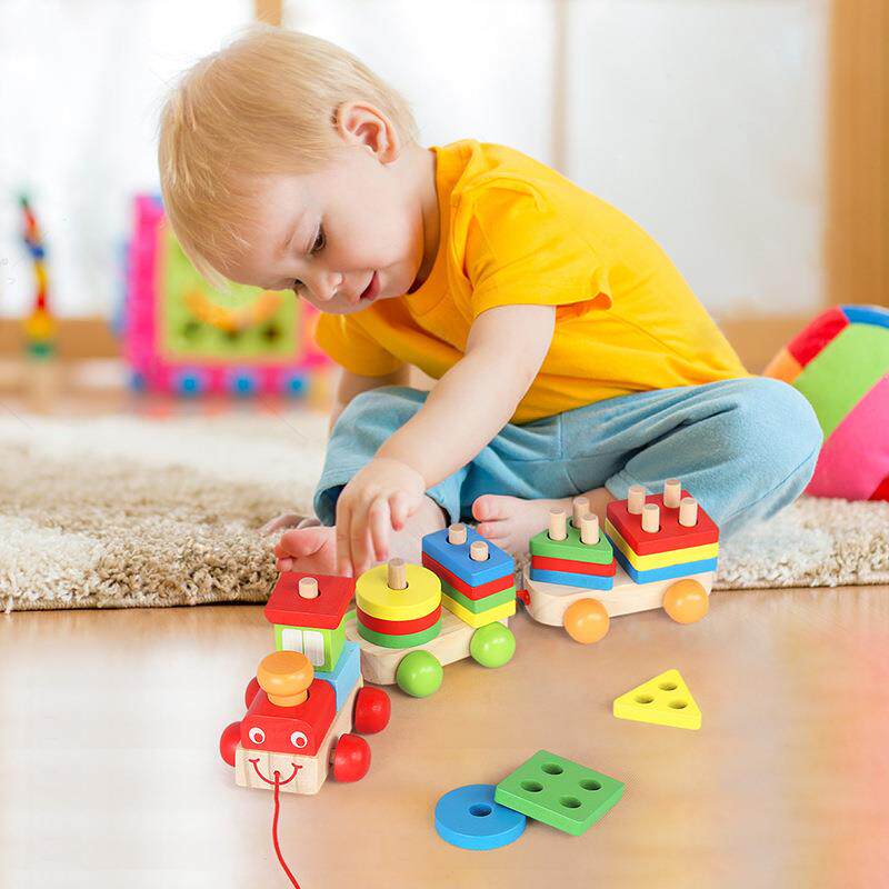 木制毛毛虫小火车拖拉车木质几何形状套柱拖车儿童益智玩具