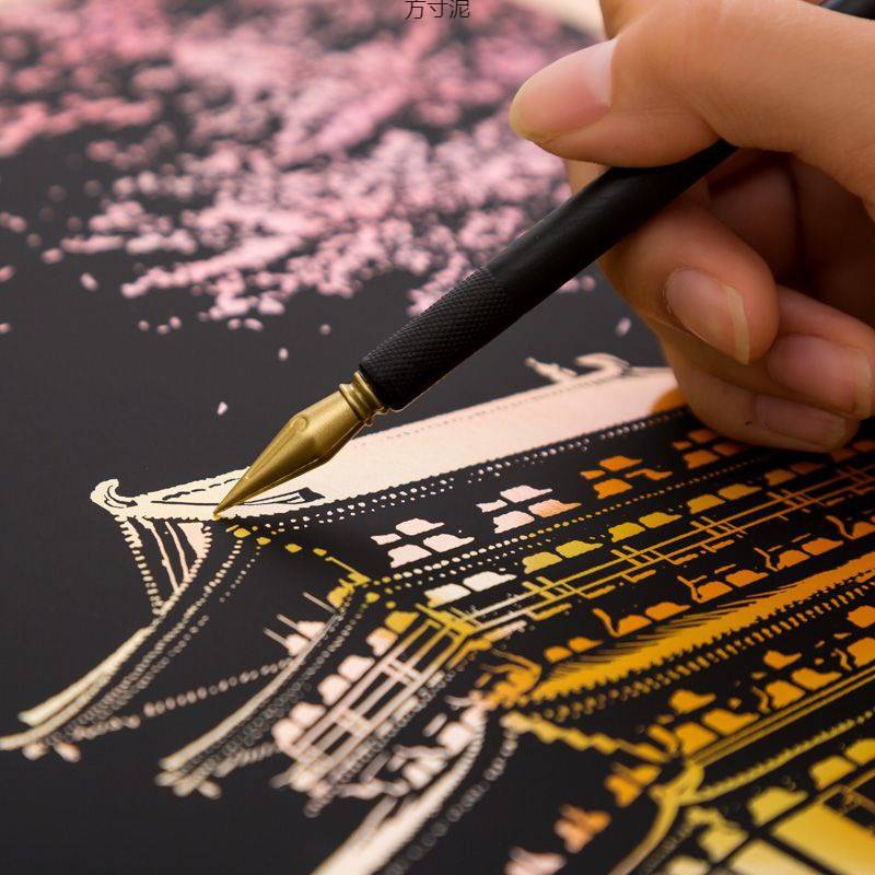 彩色城市夜景刮刮画3炫彩刮画纸8开手刮画本有图案送男女