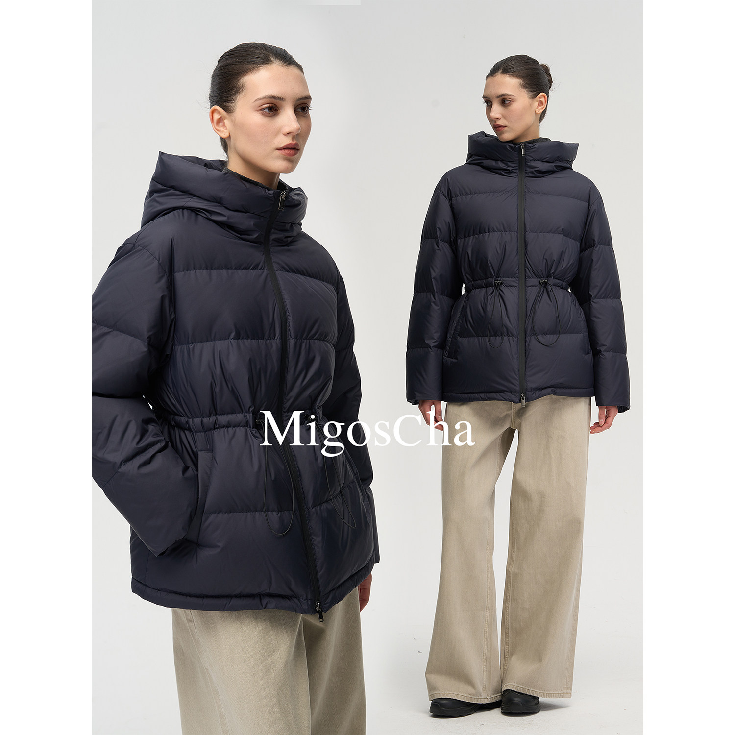 migoscha 连帽白鹅绒抽绳收腰羽绒服女冬季保暖夹克外套