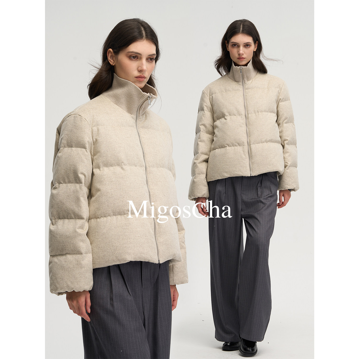 migoscha 廓形针织领拼接原色绵羊毛95鹅绒服短款面包羽绒服女