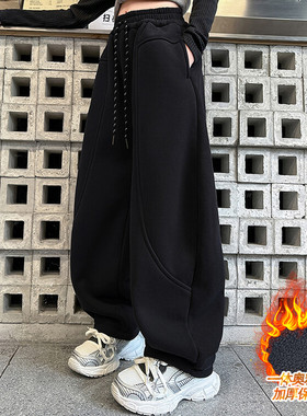 女童加绒裤子冬装女大童网红香蕉裤儿童卫裤初中生加厚运动弯刀裤