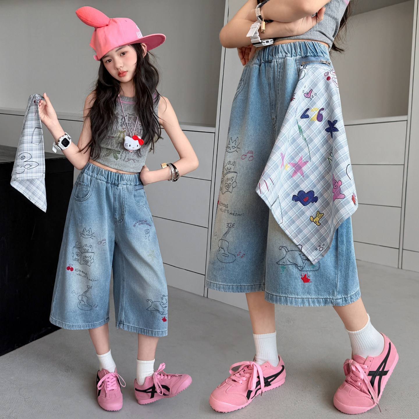 女童牛仔中裤夏装2026新款韩版百搭儿童七分裤小女孩大童阔腿裤子