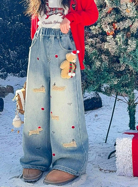 女童牛仔裤秋冬2025新款加绒加厚宽松儿童直筒阔腿裤女孩冬装裤子