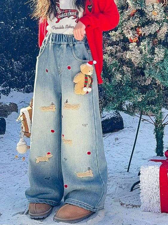 女童牛仔裤秋冬2025新款加绒加厚宽松儿童直筒阔腿裤女孩秋装裤子